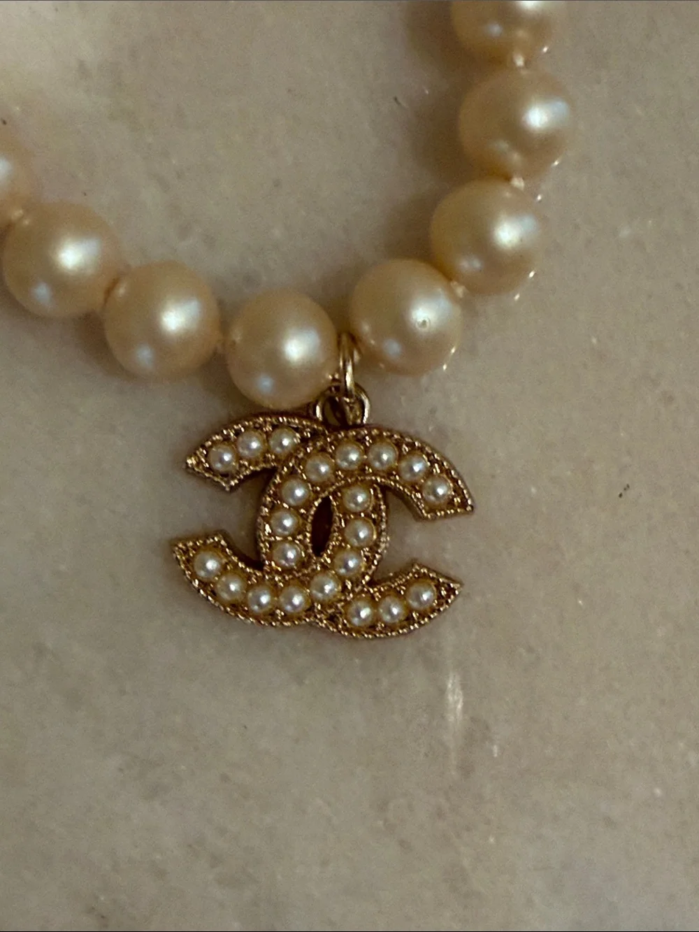 CHANEL Pearl Necklace with Gold CC Crystal Pendant